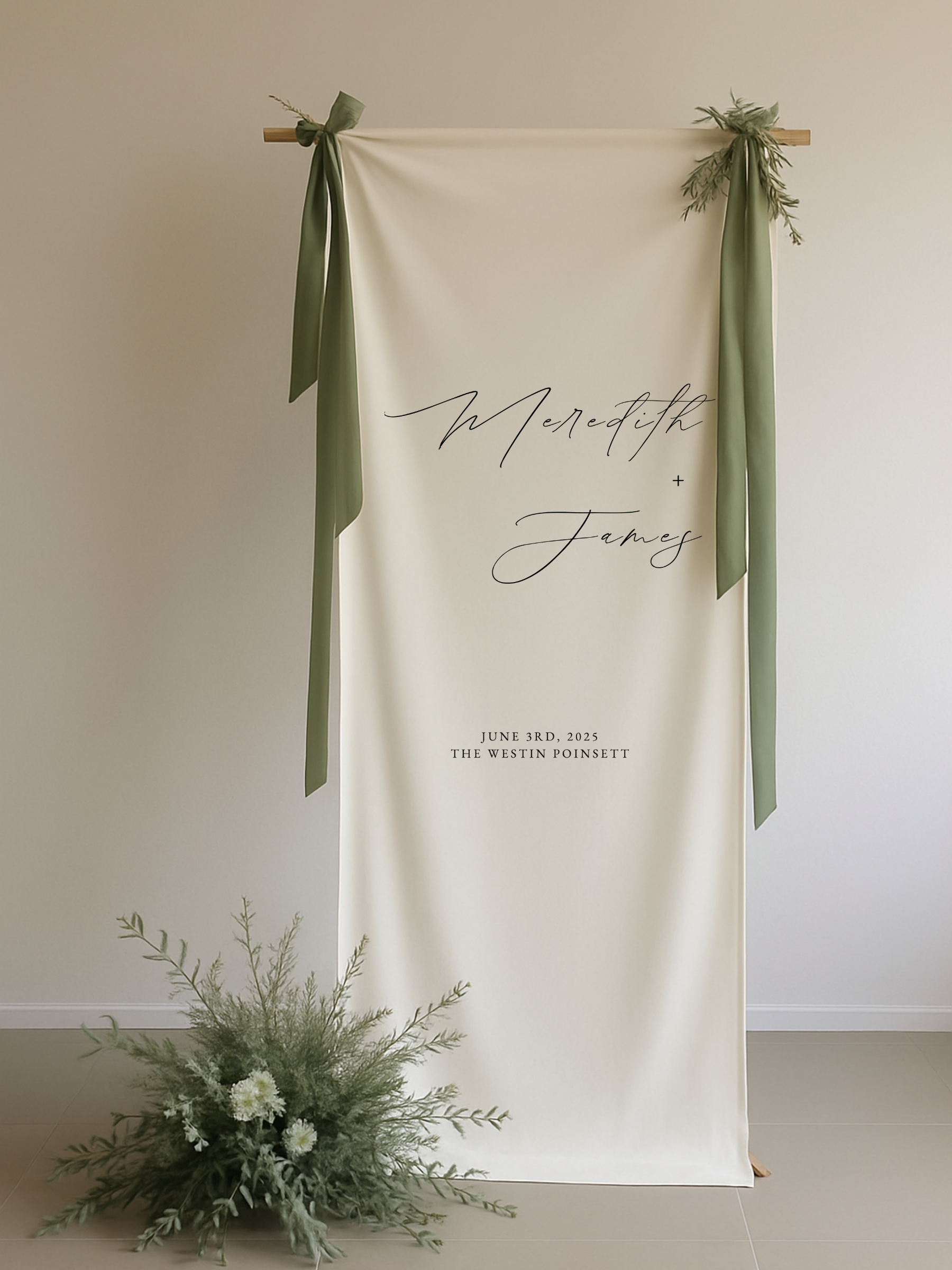 Elegant linen wedding welcome sign in flowing script, perfect for ceremony entrances.