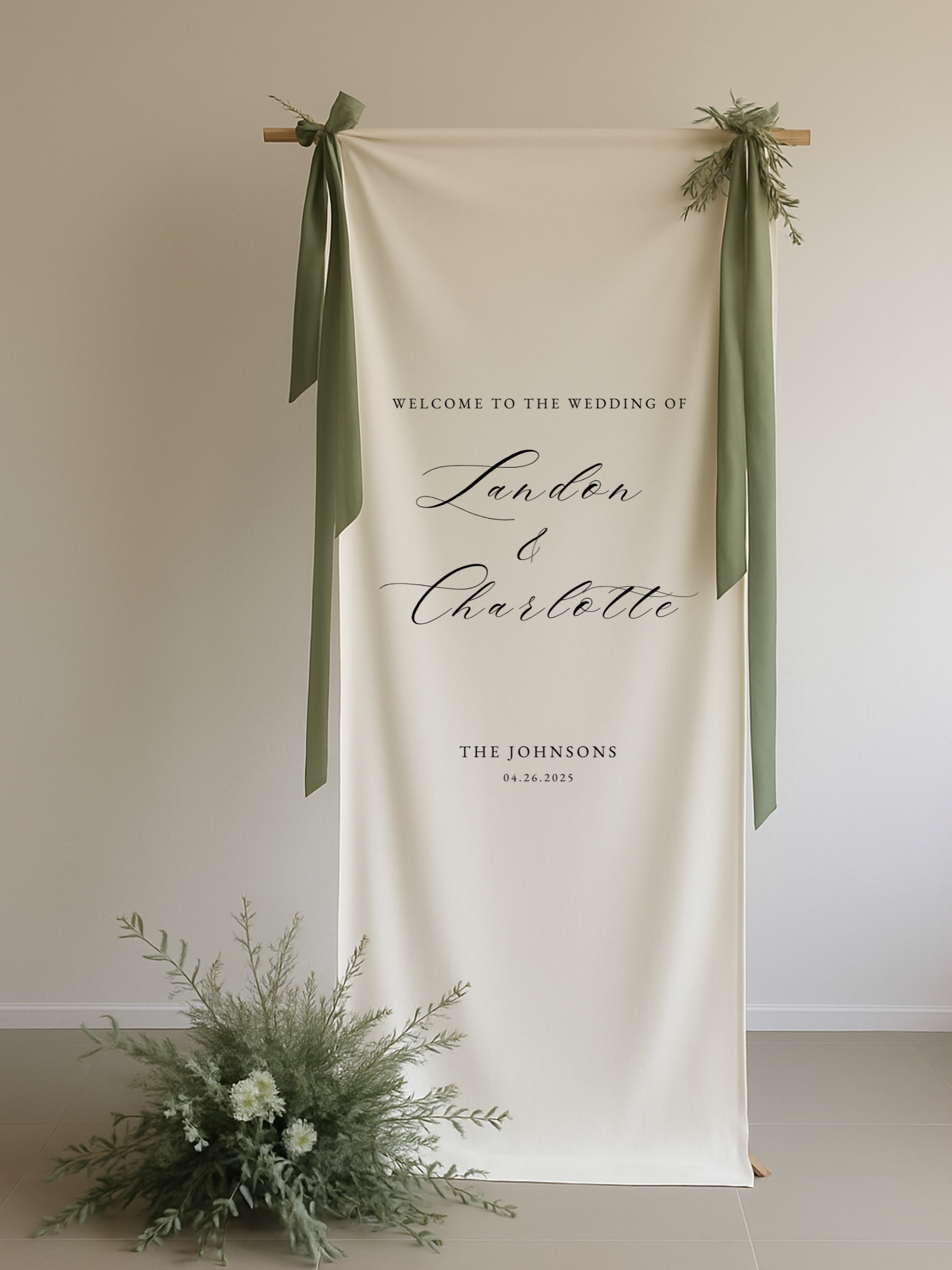 Linen calligraphy wedding welcome sign, elegant script signage for weddings.